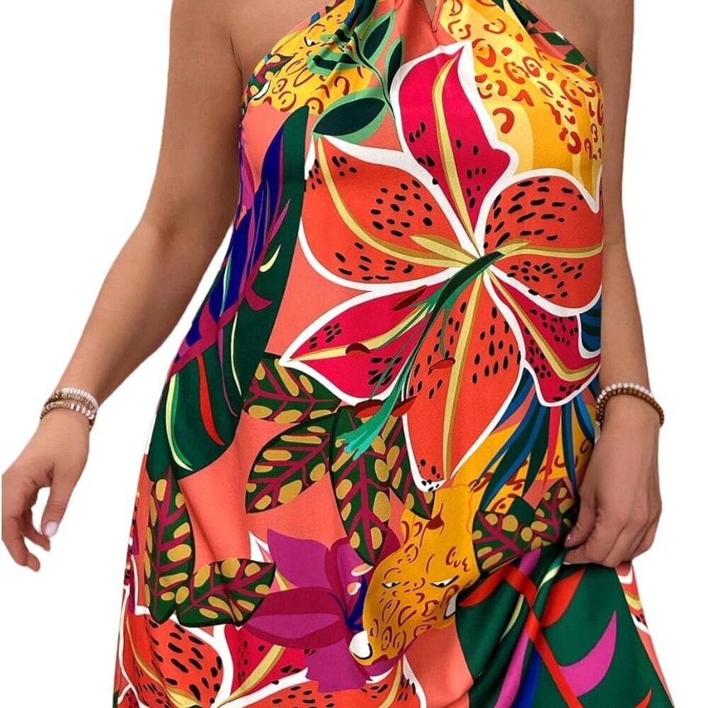 Women's Plus Size Summer Dress Tropical Cut Out Halter Beach Dress